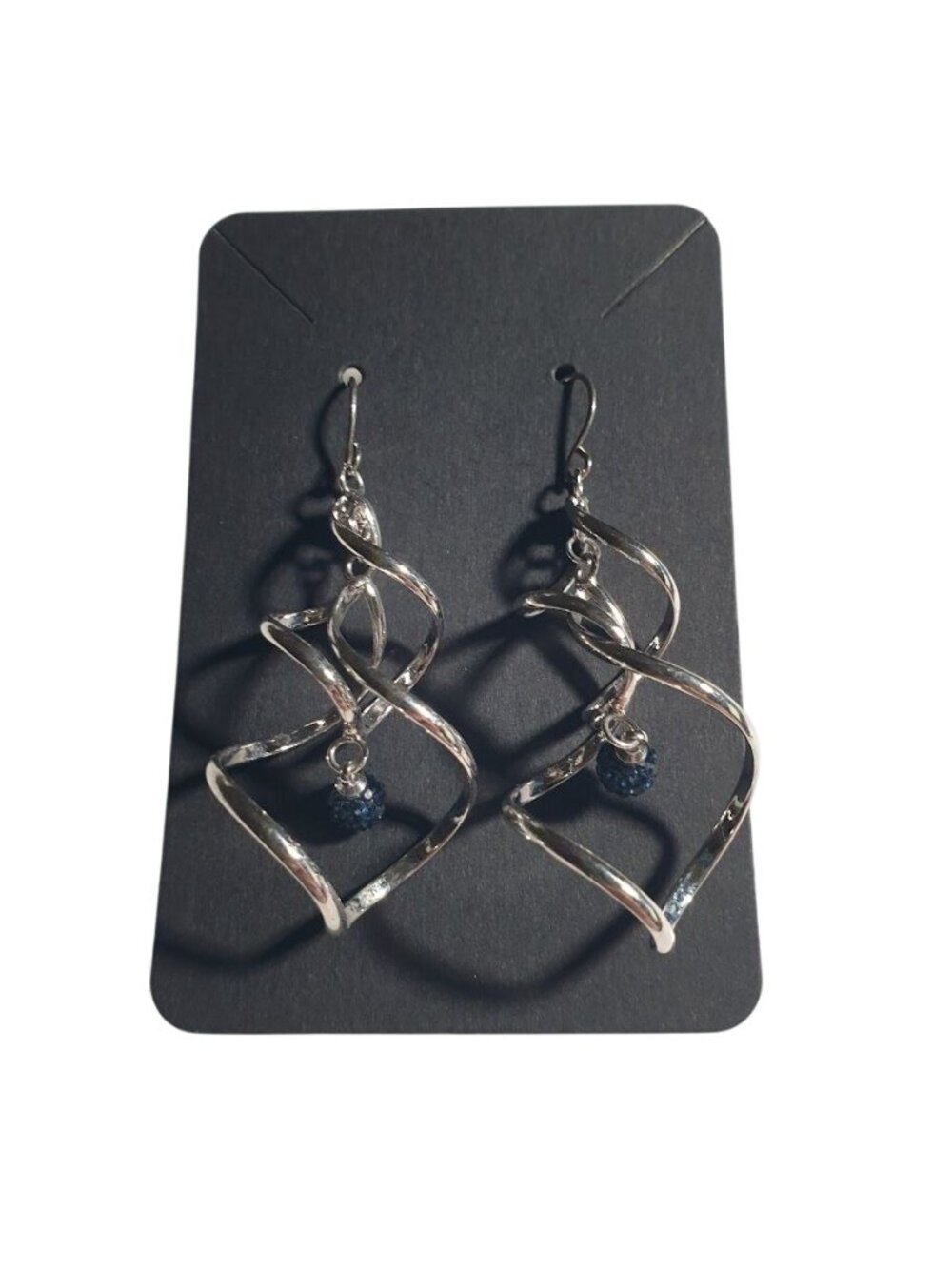 Silver Tone Spiral Dangle Earrings Blue Glitter Ball Lightweight Jewelry Women